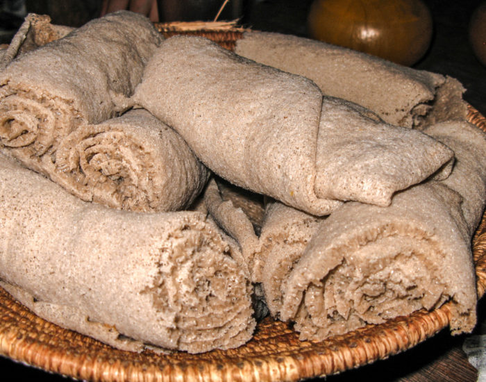 Injera, pancake made of teff traditional meal of the Ethiopian cuisine, Asmara, Eritrea